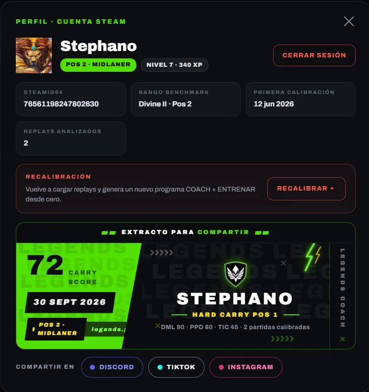 Perfil de cuenta Steam en Legends con SteamID64, rango benchmark y extracto para compartir